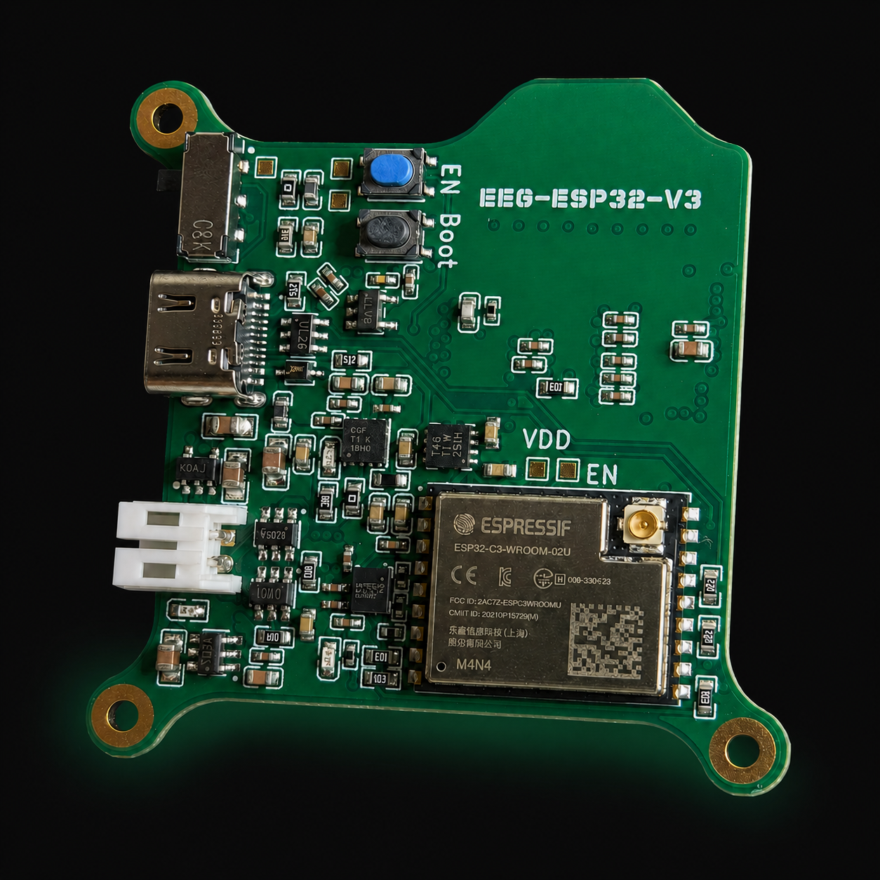 The BCI Project V3 EEG ESP32 PCB floating on a black surface with green underglow